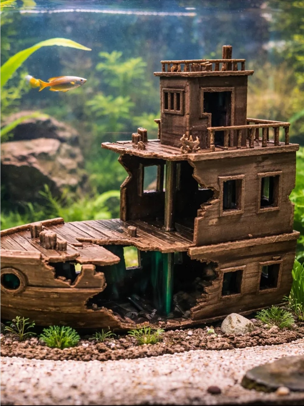 Rustic Brown Sunken Ship Aquarium Ornament - Fish Tank Decor